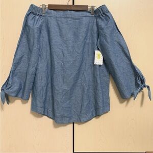 NEW Free People Women's Off Shoulder Long Sleeve Chambray Linen Blend Top Blue S